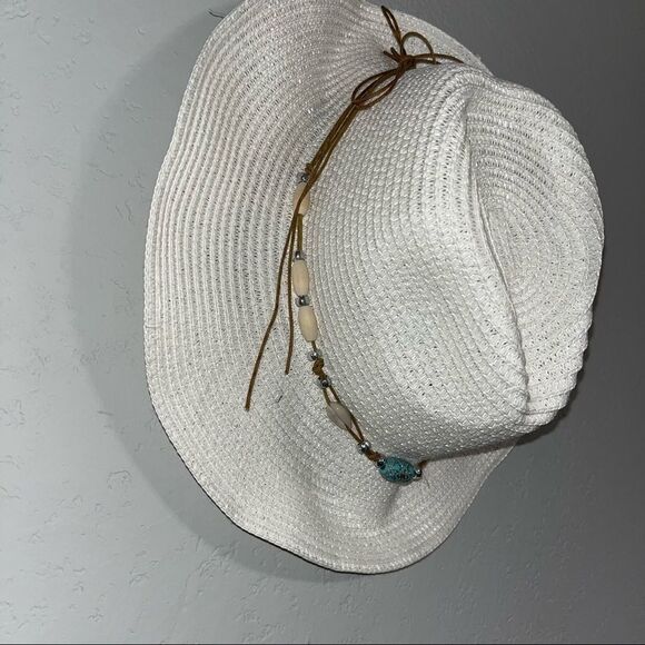 Women's White Western Festival Hat with Turquoise Leather Beaded Band - Picture 5 of 9